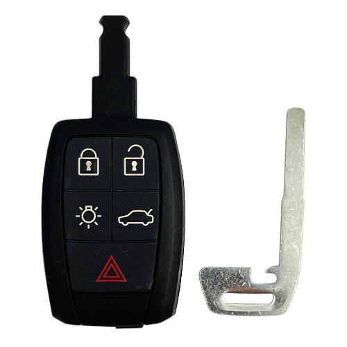 08-12 Volvo FOBIK (W/O Prox) Style Key FOB, 5B, L,U,T,P,Lights, Soft button style.